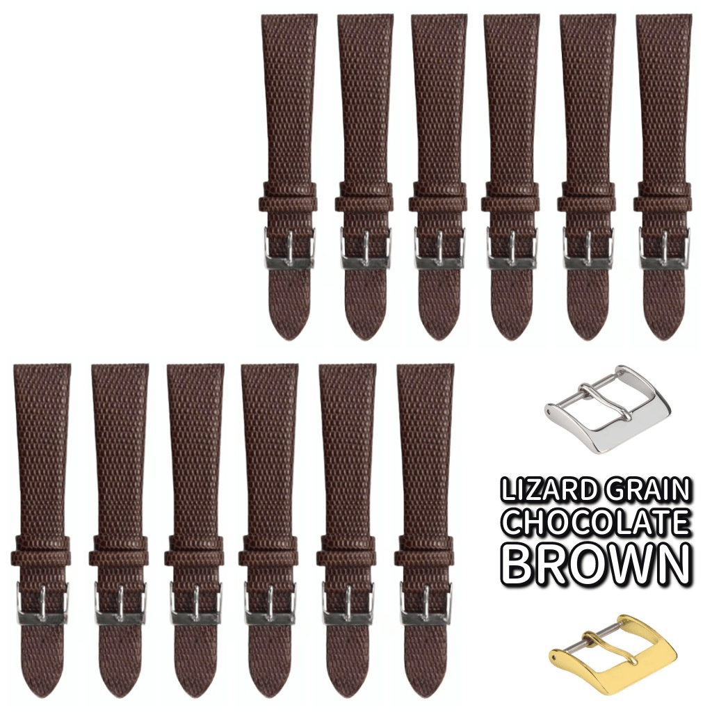 12PCS Lizard Grain Flat CHOCOLATE BROWN Unstitched Genuine Leather Watch Band Size (12MM - 24MM) - Universal Jewelers & Watch Tools Inc.