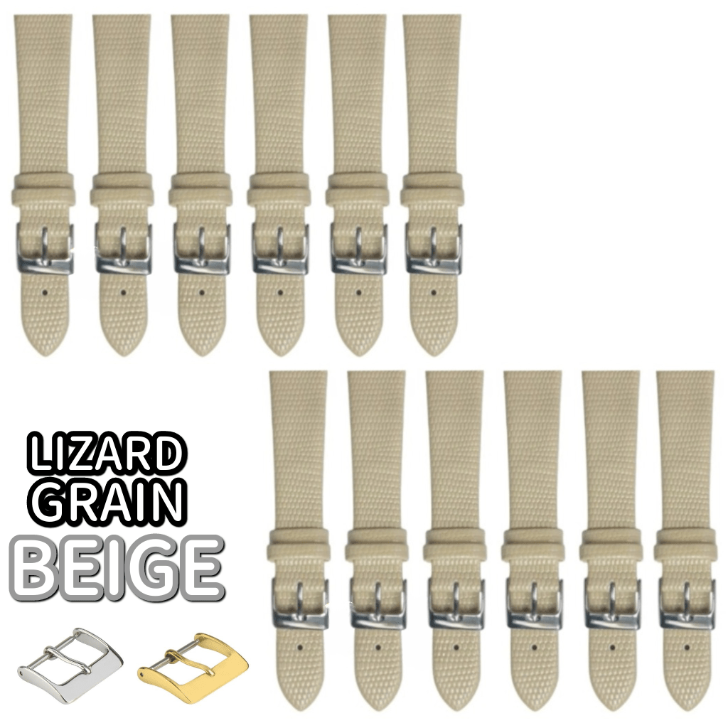 12PCS Lizard Grain Flat BEIGE Unstitched Genuine Leather Watch Band Size (12MM - 24MM) - Universal Jewelers & Watch Tools Inc.