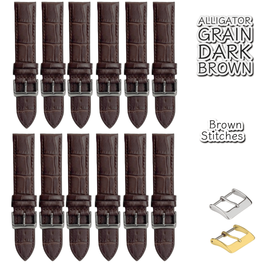 12PCS Alligator Grain Dark Brown Leather Watch Band (12MM - 30MM + XXL Sizes) Padded w/Brown Stitches - Universal Jewelers & Watch Tools Inc.