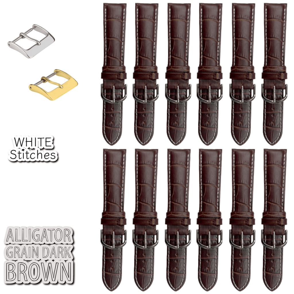 12PCS Alligator Grain Dark Brown Leather Watch Band (12MM - 30MM + XXL Sizes) Padded w/White Stitches - Universal Jewelers & Watch Tools Inc.