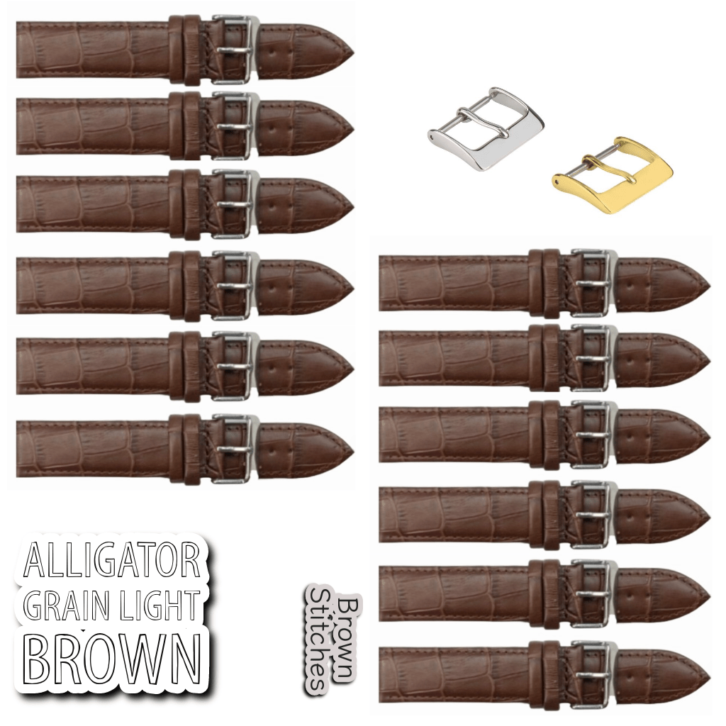 12PCS Alligator Grain LIGHT BROWN Leather Watch Band (12MM - 30MM + XXL Sizes) Padded w/Brown Stitches - Universal Jewelers & Watch Tools Inc.