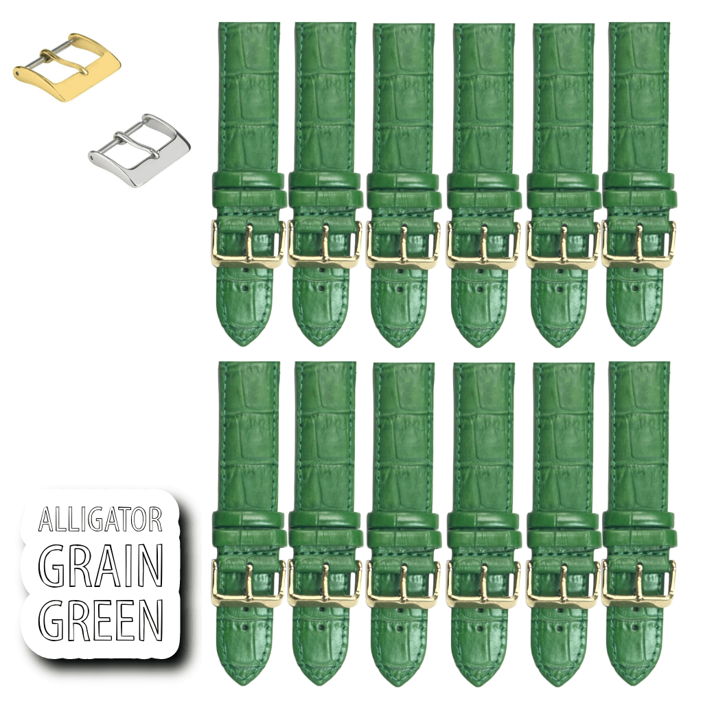 12PCS Alligator Grain GREEN Leather Watch Band (16MM - 24MM) Padded & Stitched - Universal Jewelers & Watch Tools Inc.