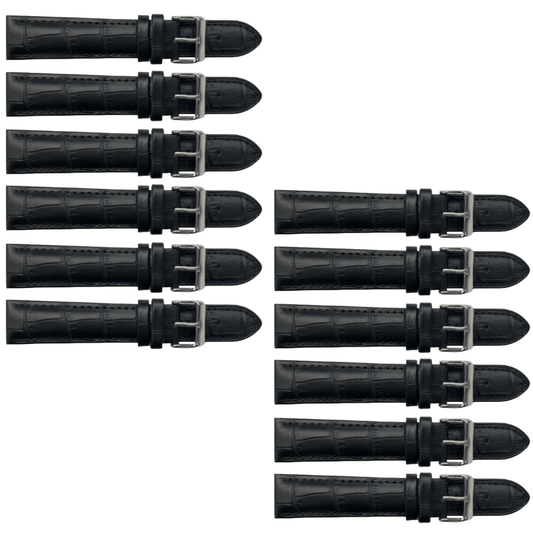 12PCS Alligator Grain Black Leather Watch Band (12MM - 30MM + XXL Sizes) Padded w/Black Stitches - Universal Jewelers & Watch Tools Inc.