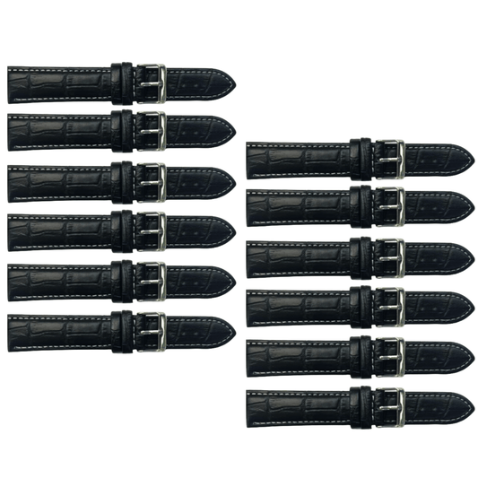 12PCS Alligator Grain Black Leather Watch Band (12MM - 30MM + XXL Sizes) Padded w/White Stitches - Universal Jewelers & Watch Tools Inc.