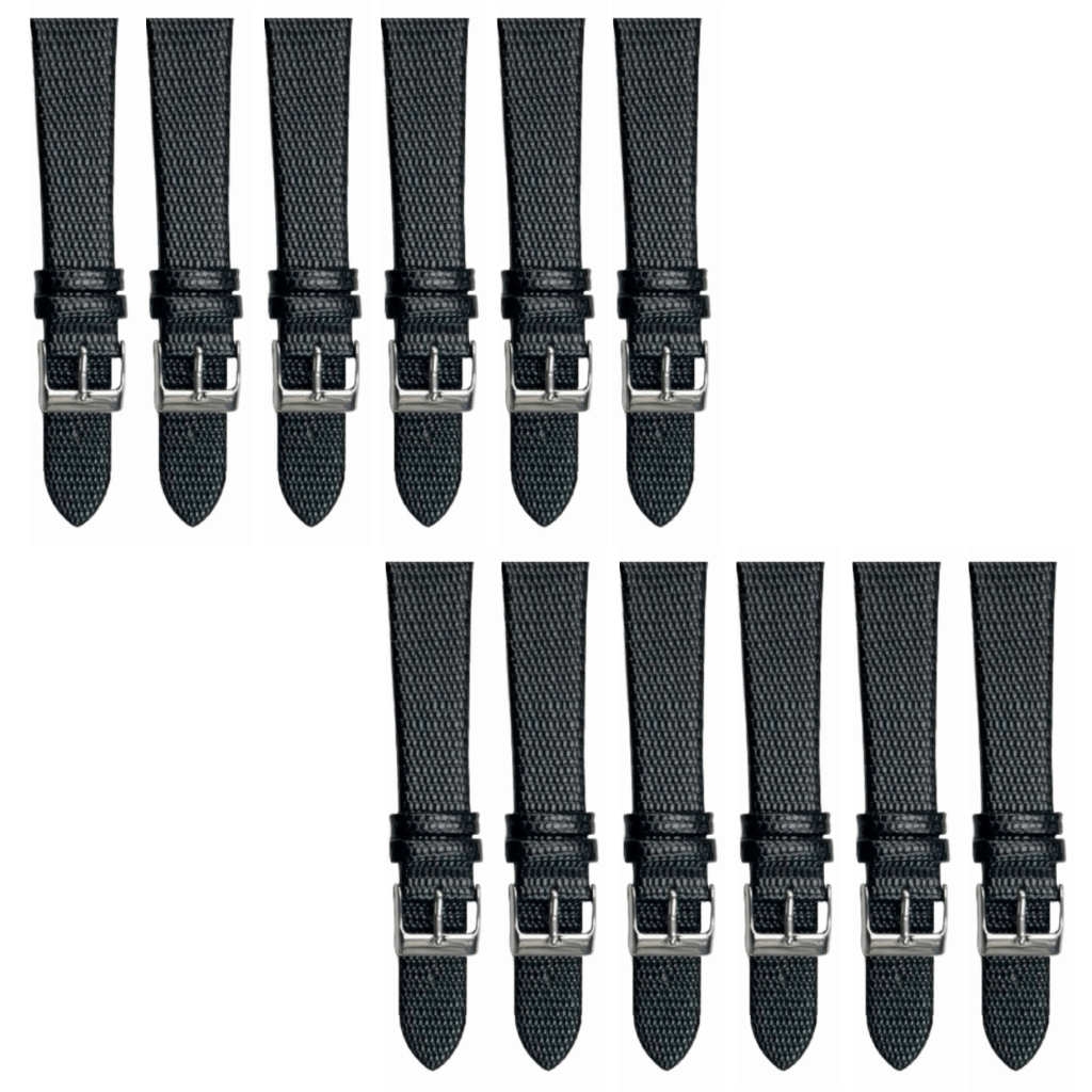 12PCS Lizard Grain Flat Black Unstitched Genuine Leather Watch Band Size (12MM - 24MM) - Universal Jewelers & Watch Tools Inc.