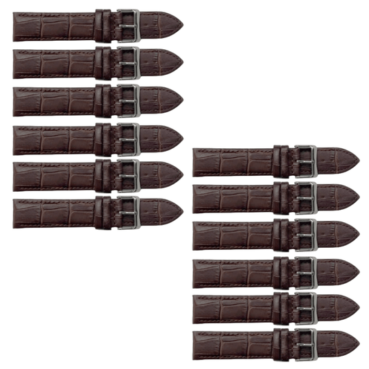 12PCS Alligator Grain Dark Brown Leather Watch Band (12MM - 30MM + XXL Sizes) Padded w/Brown Stitches - Universal Jewelers & Watch Tools Inc.