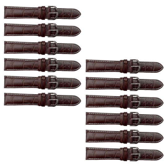 12PCS Alligator Grain Dark Brown Leather Watch Band (12MM - 30MM + XXL Sizes) Padded w/White Stitches - Universal Jewelers & Watch Tools Inc.