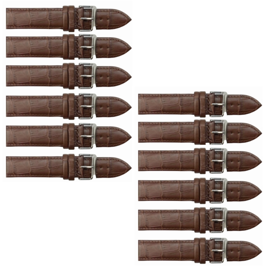 12PCS Alligator Grain LIGHT BROWN Leather Watch Band (12MM-30MM + XXL Sizes) Padded w/Brown Stitches
