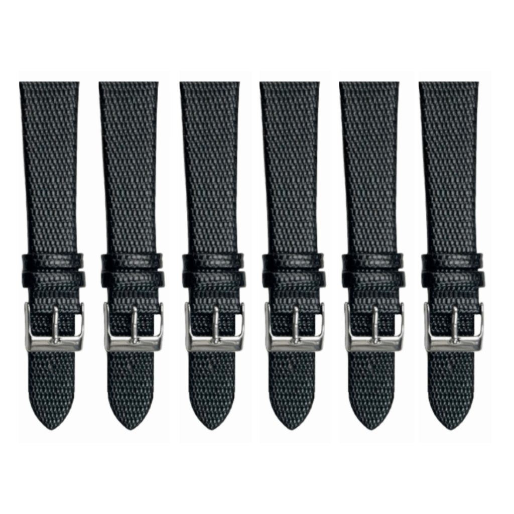 6PCS Lizard Grain Flat Black Unstitched Genuine Leather Watch Band Size (12MM - 24MM) - Universal Jewelers & Watch Tools Inc.