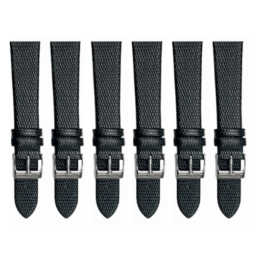 6PCS Lizard Grain Flat Black Unstitched Genuine Leather Watch Band Size (12MM - 24MM) - Universal Jewelers & Watch Tools Inc.
