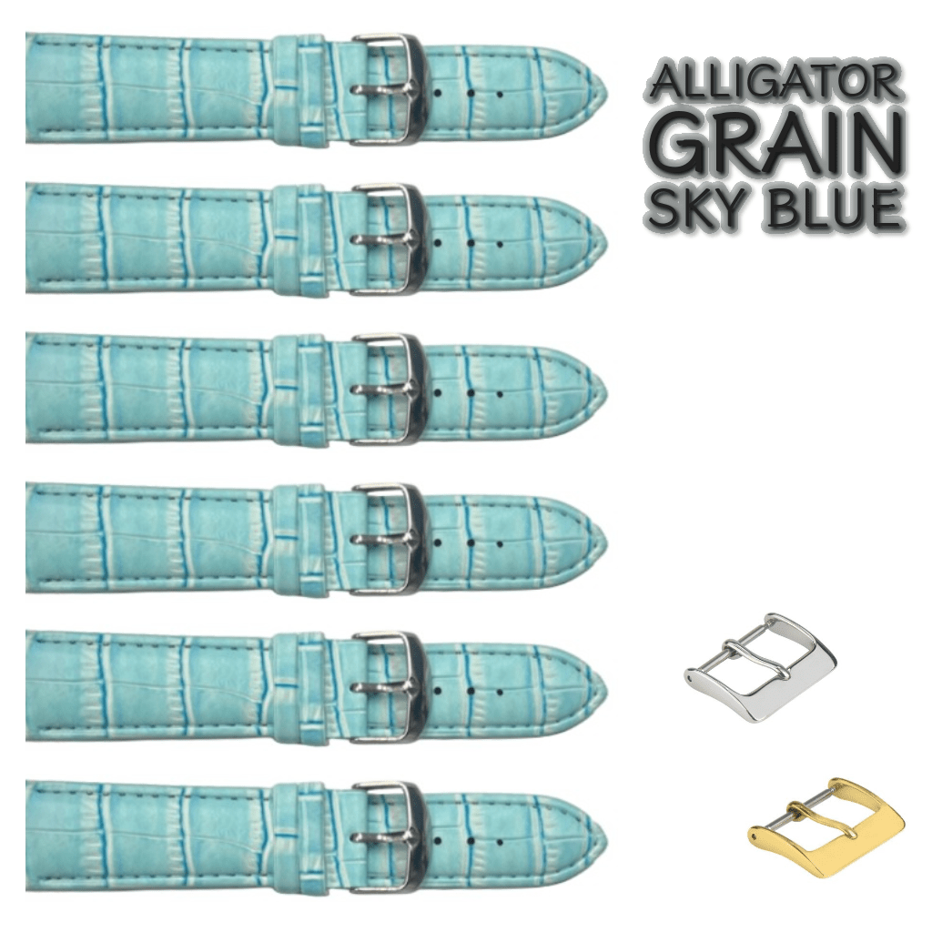 6PCS Alligator Grain Sky Blue Leather Watch Band 22MM Padded & Stitched - Universal Jewelers & Watch Tools Inc.