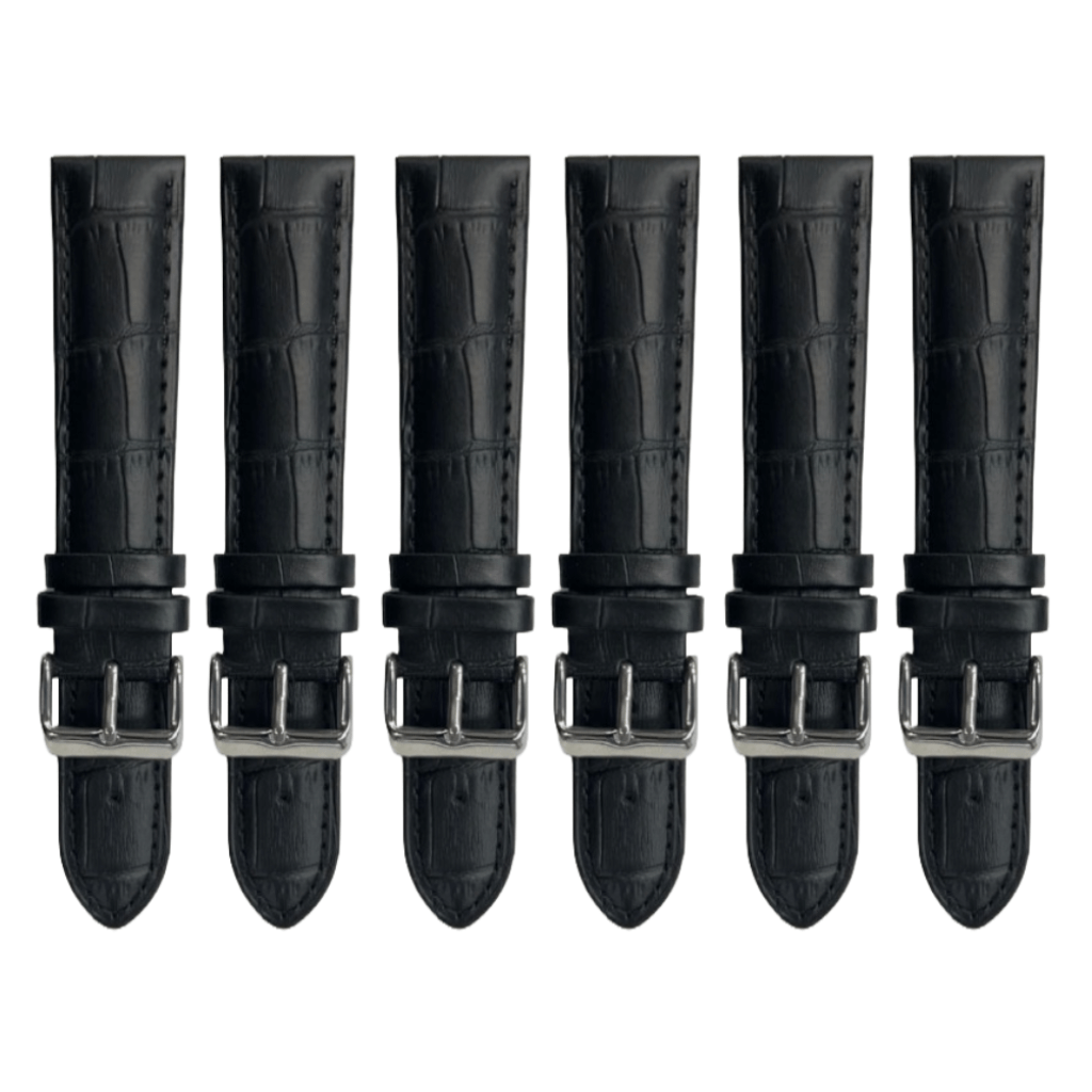 6PCS Alligator Grain Black Leather Watch Band (12MM - 30MM + XXL Sizes) Padded w/Black Stitches - Universal Jewelers & Watch Tools Inc.