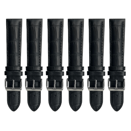 6PCS Alligator Grain Black Leather Watch Band (12MM - 30MM + XXL Sizes) Padded w/Black Stitches - Universal Jewelers & Watch Tools Inc.