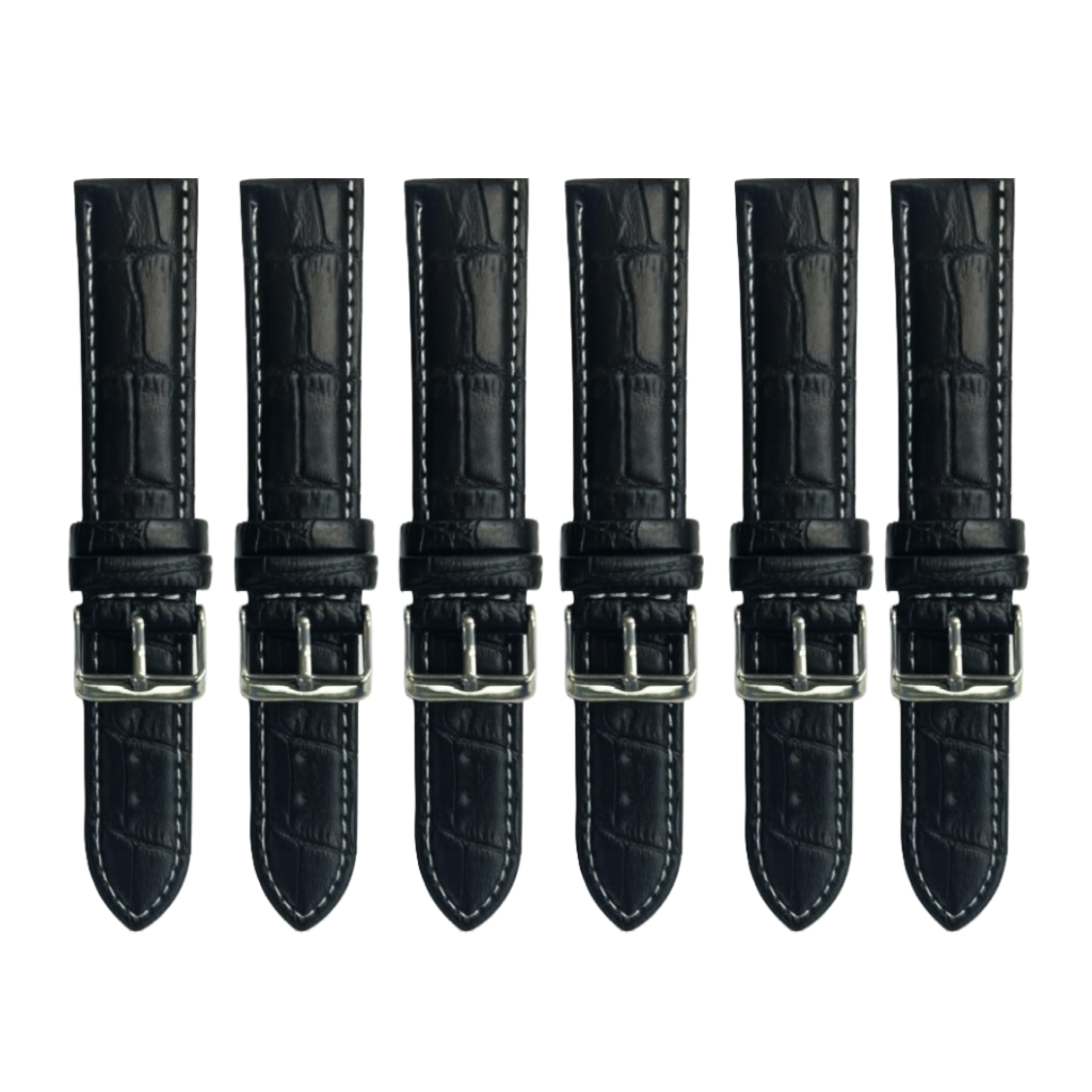 6PCS Alligator Grain Black Leather Watch Band (12MM - 30MM + XXL Sizes) Padded w/White Stitches - Universal Jewelers & Watch Tools Inc.