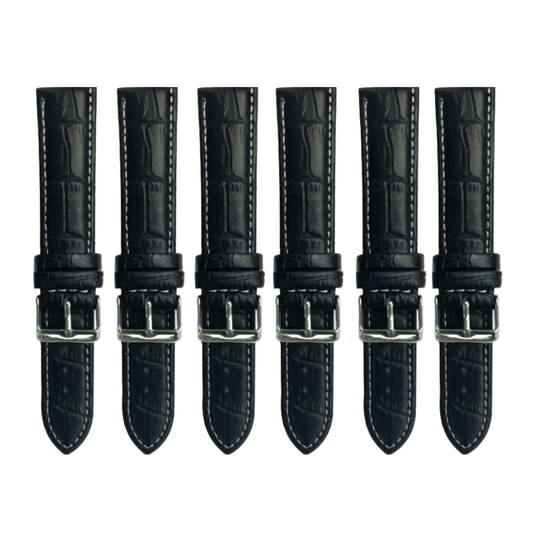 6PCS Alligator Grain Black Leather Watch Band (12MM - 30MM + XXL Sizes) Padded w/White Stitches - Universal Jewelers & Watch Tools Inc.