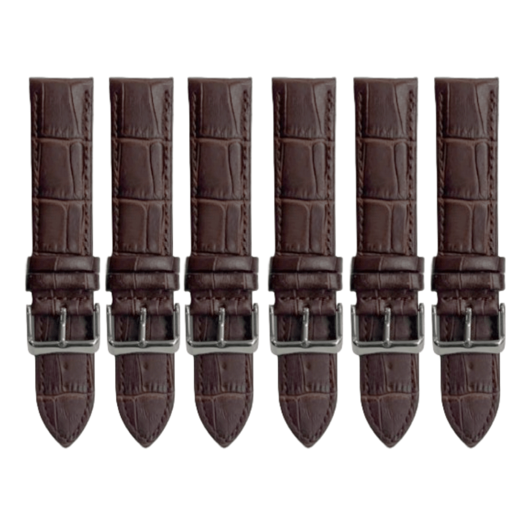 6PCS Alligator Grain Dark Brown Leather Watch Band (12MM - 30MM + XXL Sizes) Padded w/Brown Stitches - Universal Jewelers & Watch Tools Inc.