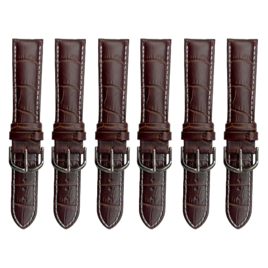 6PCS Alligator Grain Dark Brown Leather Watch Band (12MM-30MM + XXL Sizes) Padded w/WHITE Stitches