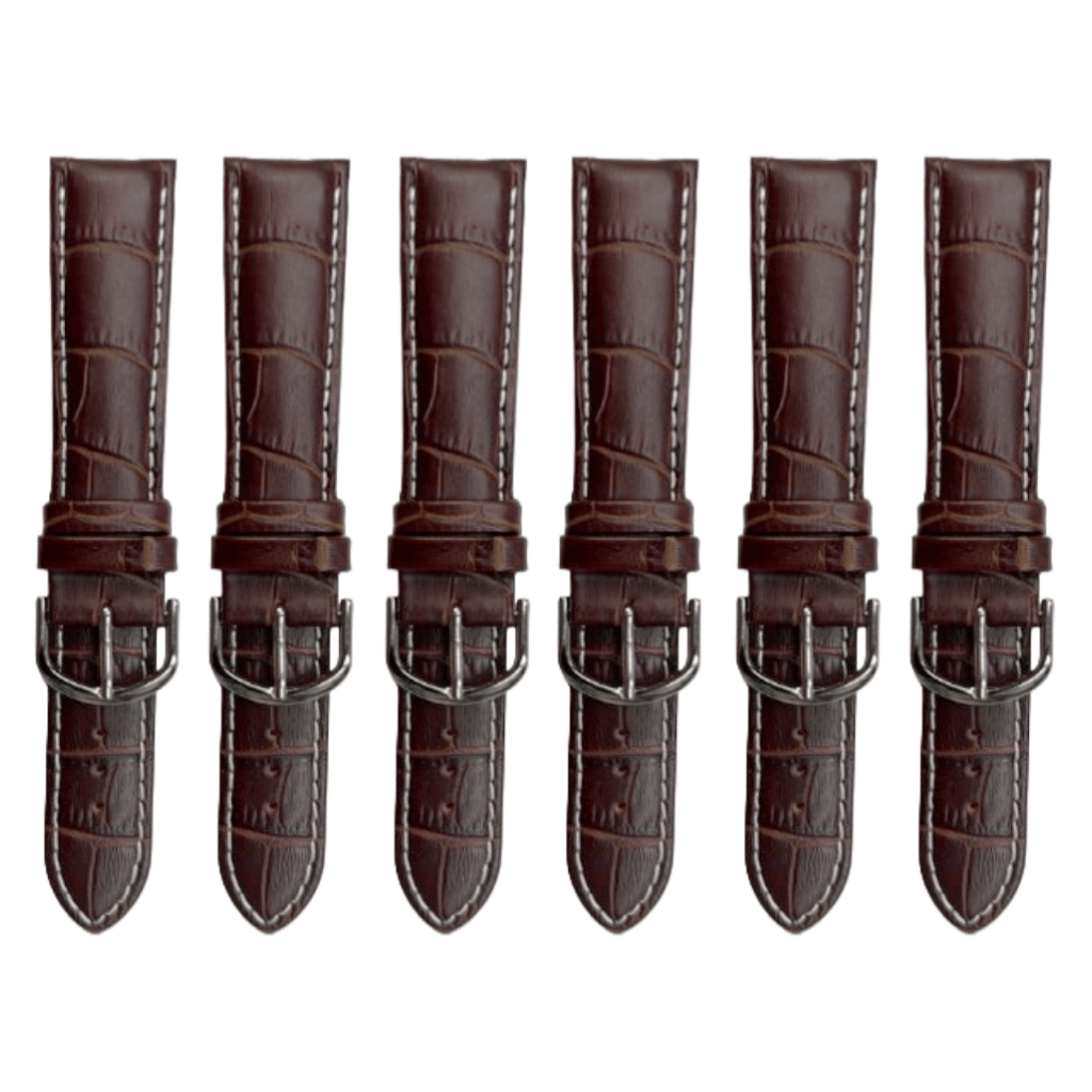 6PCS Alligator Grain Dark Brown Leather Watch Band (12MM - 30MM + XXL Sizes) Padded w/WHITE Stitches - Universal Jewelers & Watch Tools Inc.