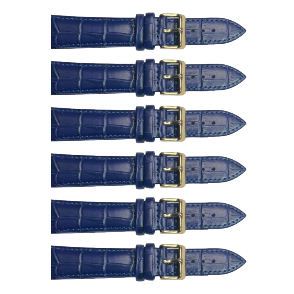 6PCS Alligator Grain Indigo Blue Leather Watch Band (20MMXXL & 22MM) Padded & Stitched
