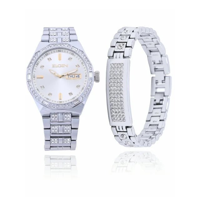 Elgin Men's Silver Watch & Matching Bracelet Set – Gold Markers | FG180016SST - Universal Jewelers & Watch Tools Inc.