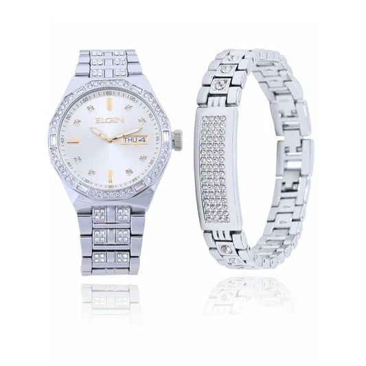 Elgin Men's Silver Watch & Matching Bracelet Set – Gold Markers | FG180016SST - Universal Jewelers & Watch Tools Inc.