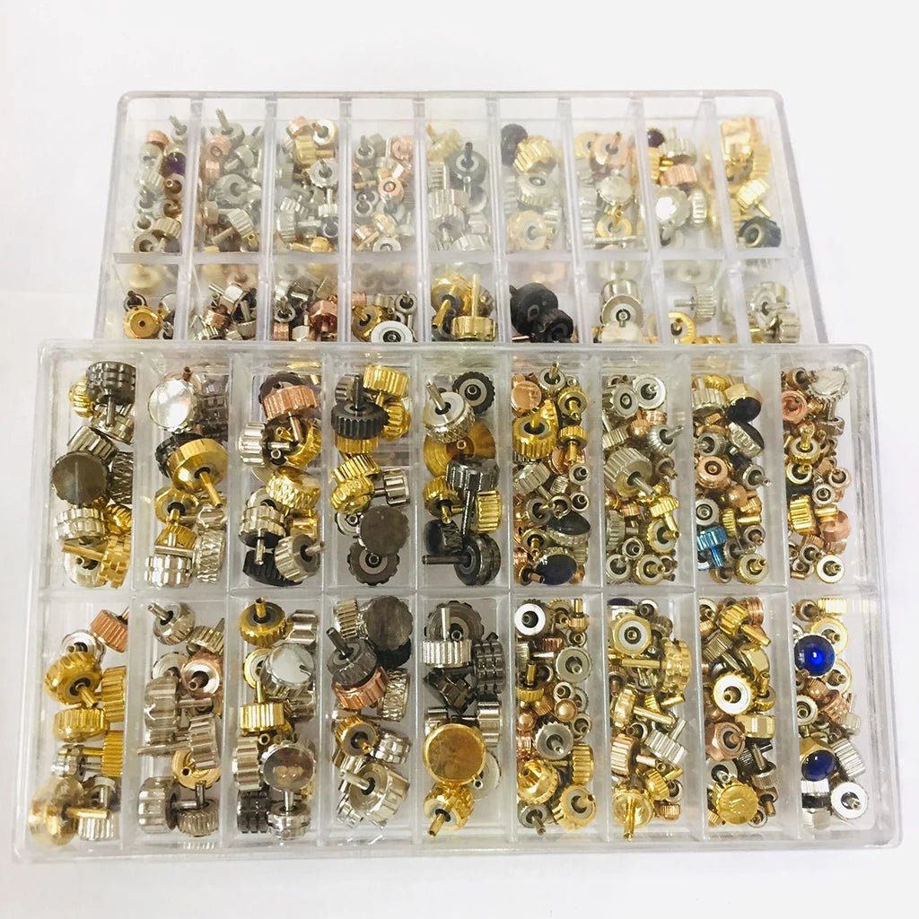 150 - 160pcs/Box Watch Crown Spare Parts, Silver Bronze Copper Assorted Watch Crown Parts Replacement Accessories - Universal Jewelers & Watch Tools Inc.