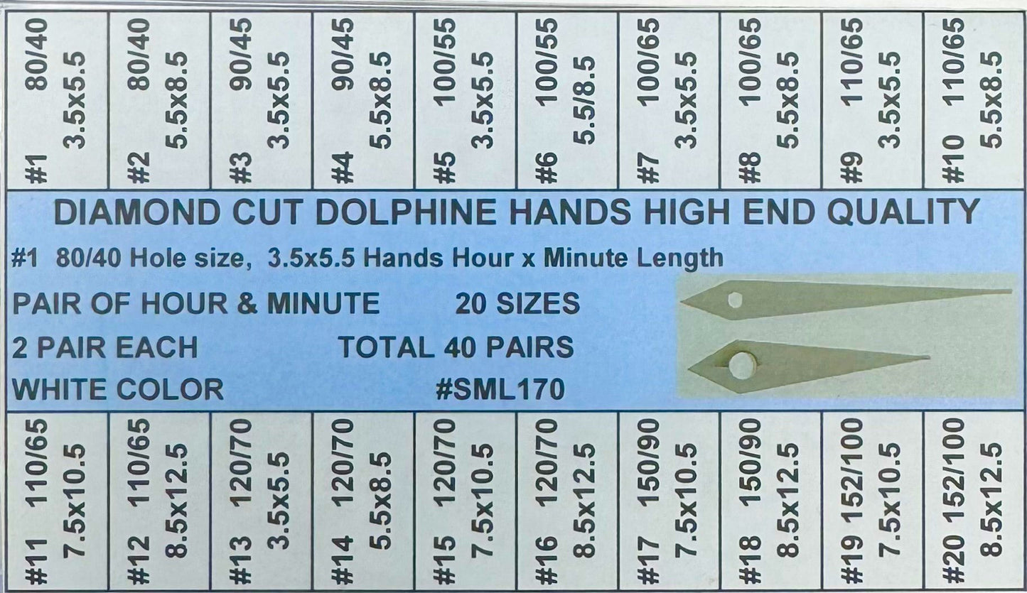 40 Pairs Assortment of Diamond Cut Dolphine Hands for High - end Watches - Universal Jewelers & Watch Tools Inc.