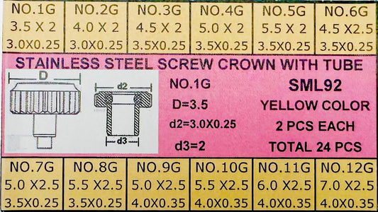 24 Pcs Gold - colored Screw Crown with Tube for High - end Watches - Universal Jewelers & Watch Tools Inc.