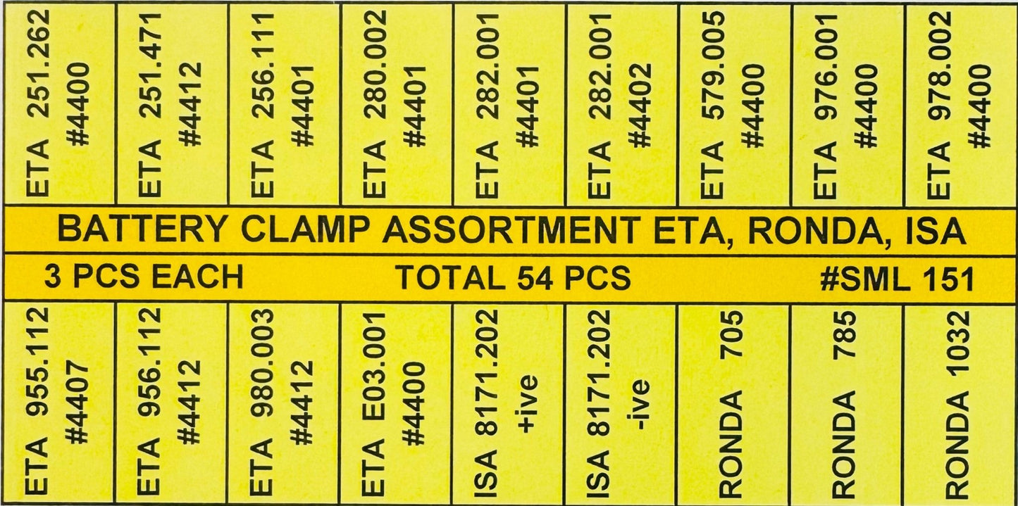 54 Pcs Battery Clamp Assortment for ETA, RONDA & ISA Movements - Universal Jewelers & Watch Tools Inc.