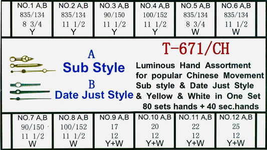 Luminous Hand Assortment for Popular Chinese Movement, Silver & Gold Colors - Universal Jewelers & Watch Tools Inc.