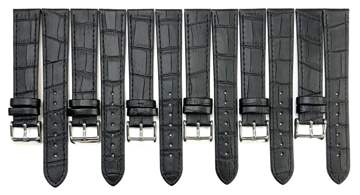 Lot of 6 Watch Bands Genuine Leather Alligator Grain Black, Flat 18mm - Universal Jewelers & Watch Tools Inc.