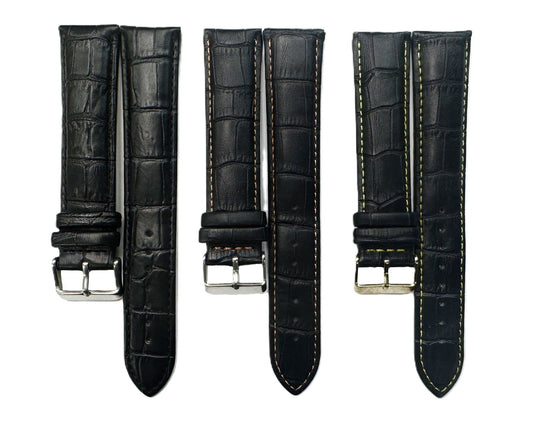 22mm XXL Black Alligator Grain Genuine Leather Watch Band with Padded & Stitched - Universal Jewelers & Watch Tools Inc.