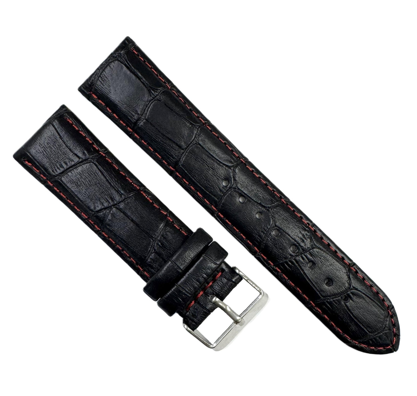 22mm XL Black Alligator Grain Genuine Leather Watch Band with Padded & Red Stitched - Universal Jewelers & Watch Tools Inc.