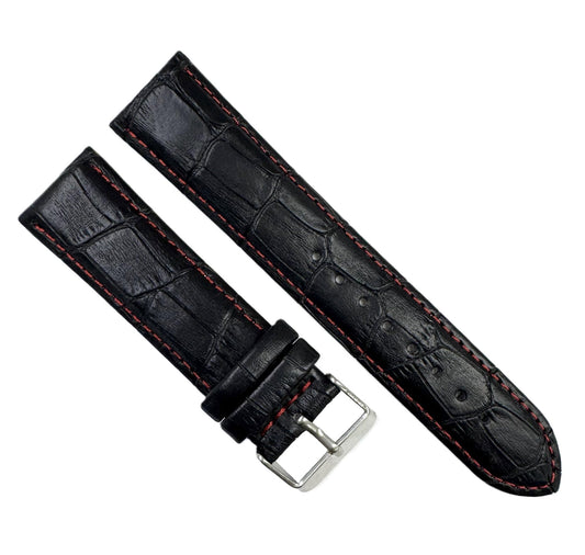 22mm XL Black Alligator Grain Genuine Leather Watch Band with Padded & Red Stitched - Universal Jewelers & Watch Tools Inc.