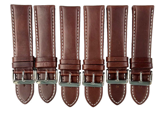 Lot of 6 Watch Bands Genuine Leather Plain D.Brown Color ,Padded,Stitched 24MM - Universal Jewelers & Watch Tools Inc.