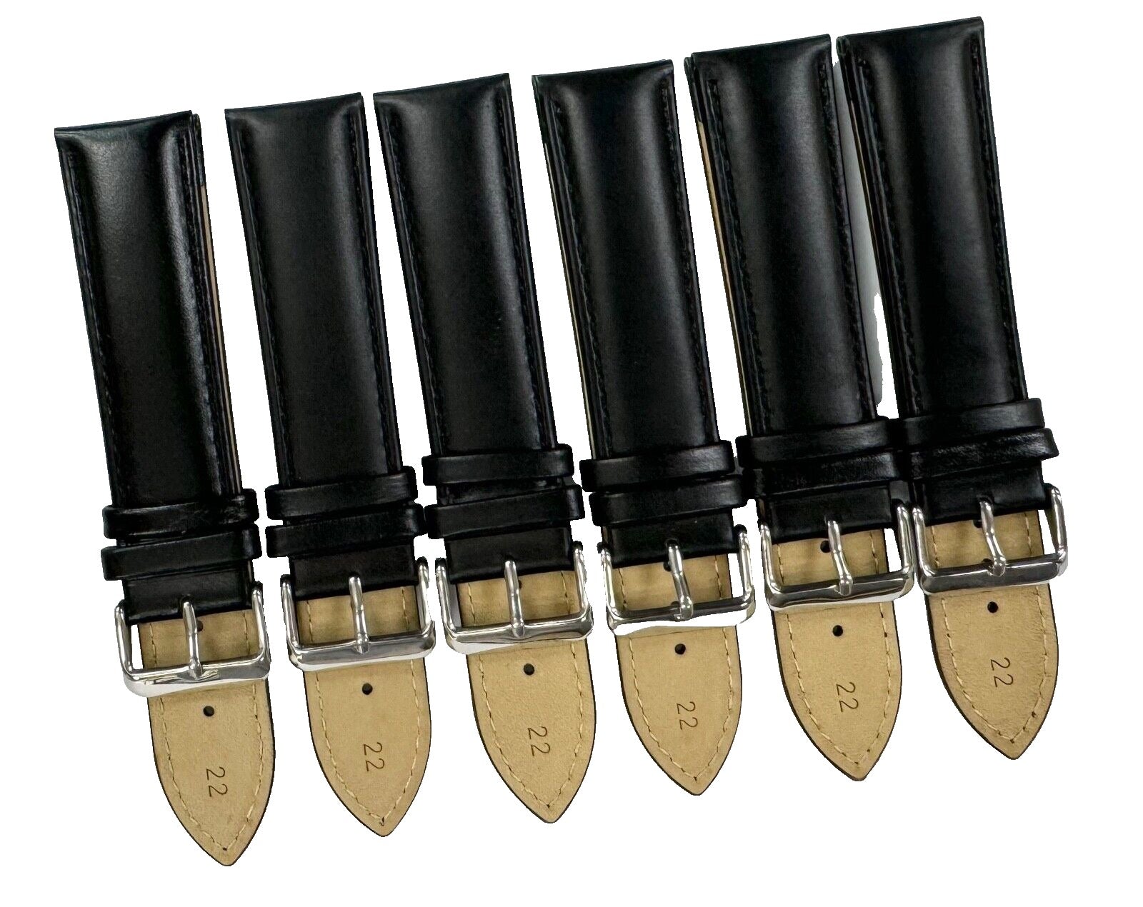 (Lot of 6) 22 MM Plain Black Padded Genuine Leather Watch Band, Stitches - Universal Jewelers & Watch Tools Inc.