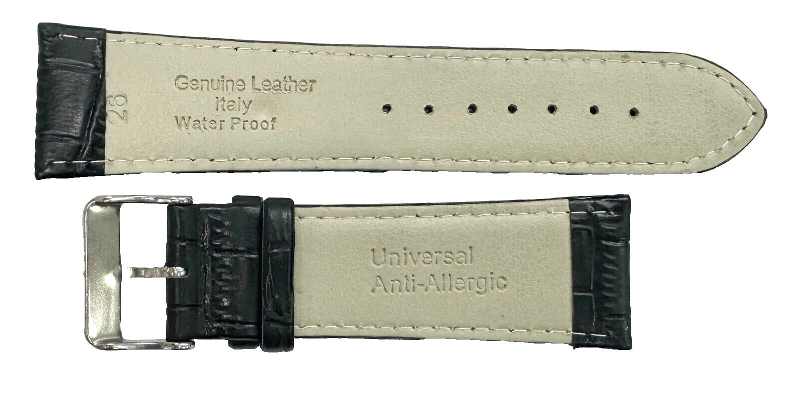 Watch Band Genuine Leather Black Alligator Grain Stitched 26mm (A1 Quality) - Universal Jewelers & Watch Tools Inc.