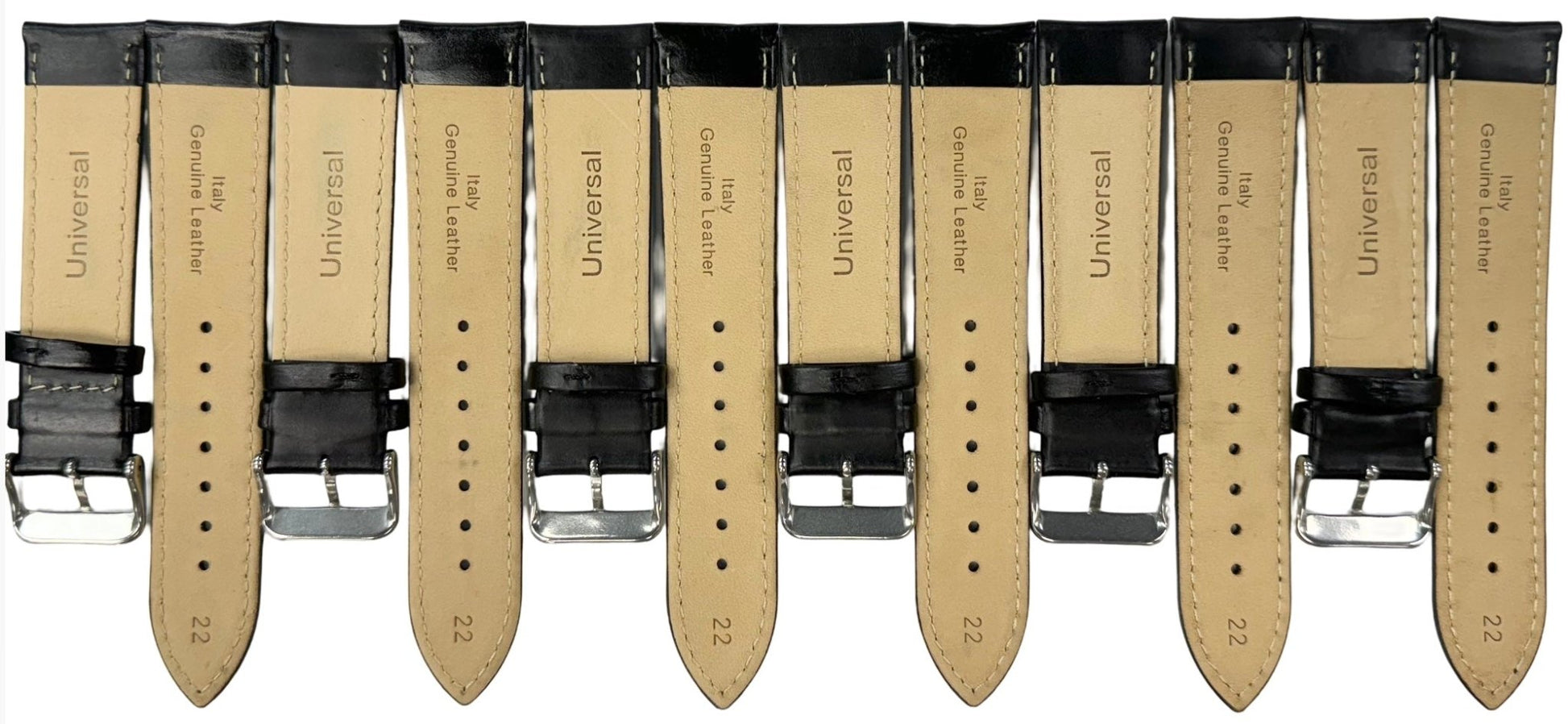 (Lot of 6) 22 MM Plain Black Padded Genuine Leather Watch Band, Stitches - Universal Jewelers & Watch Tools Inc.