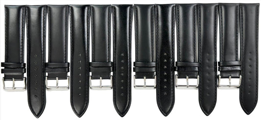 (Lot of 6) 22 MM Plain Black Padded Genuine Leather Watch Band, Stitches - Universal Jewelers & Watch Tools Inc.