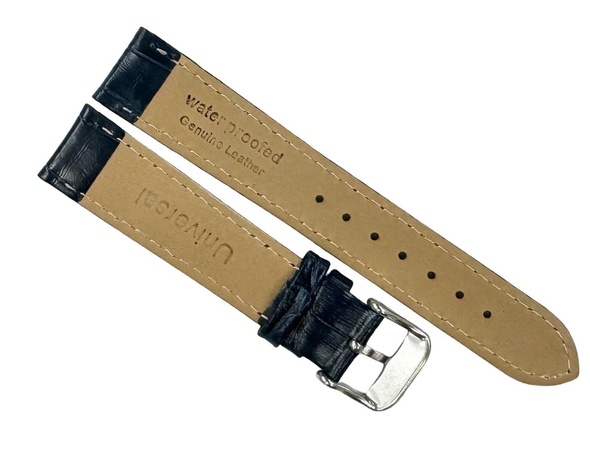 Watch Band Genuine Leather, Alligator Grain, Padded,Stitched, (14mm to 22mm) (Black, Blue and Dark Brown) - Universal Jewelers & Watch Tools Inc.