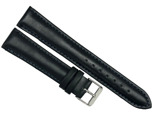 Watch Band Plain Black w/Blue Stitches Genuine Leather Padded 19mm - Universal Jewelers & Watch Tools Inc.