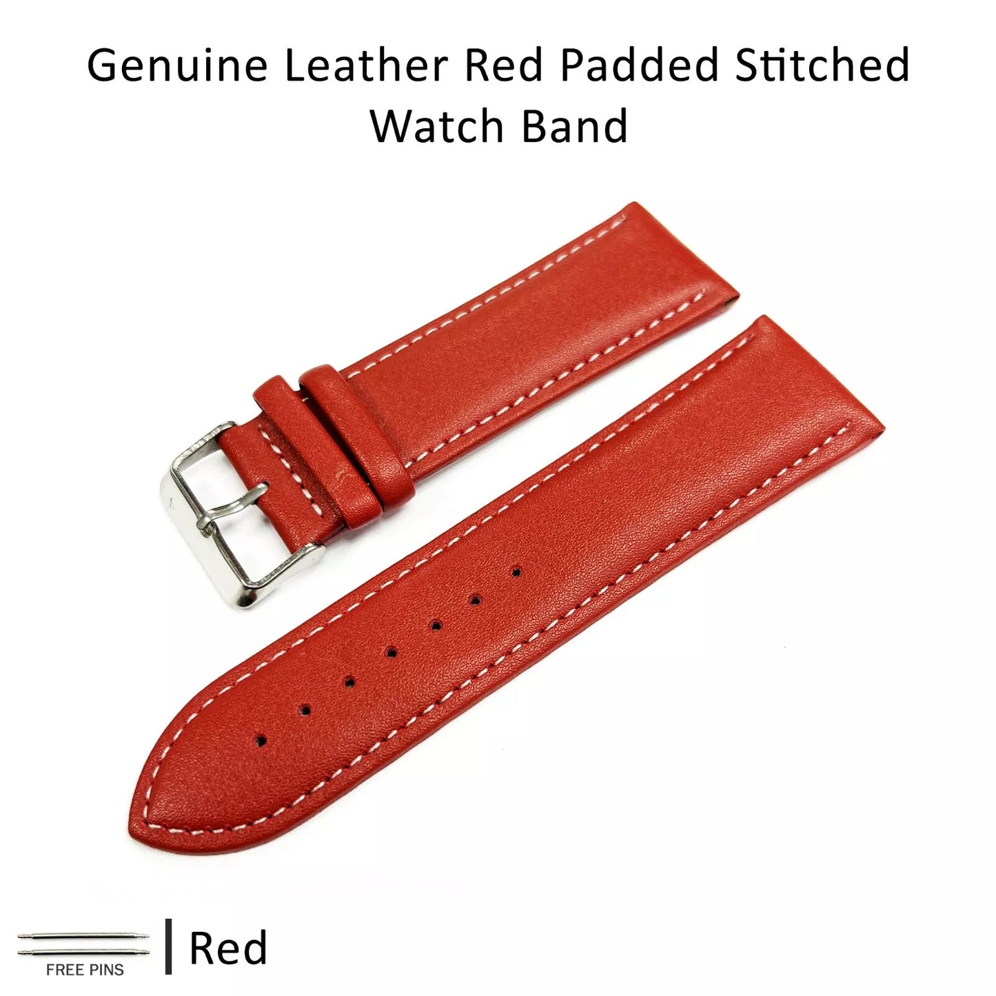 Genuine Leather Red Color Watch Band 12 MM to 30 MM Red & White Stitched - Universal Jewelers & Watch Tools Inc.