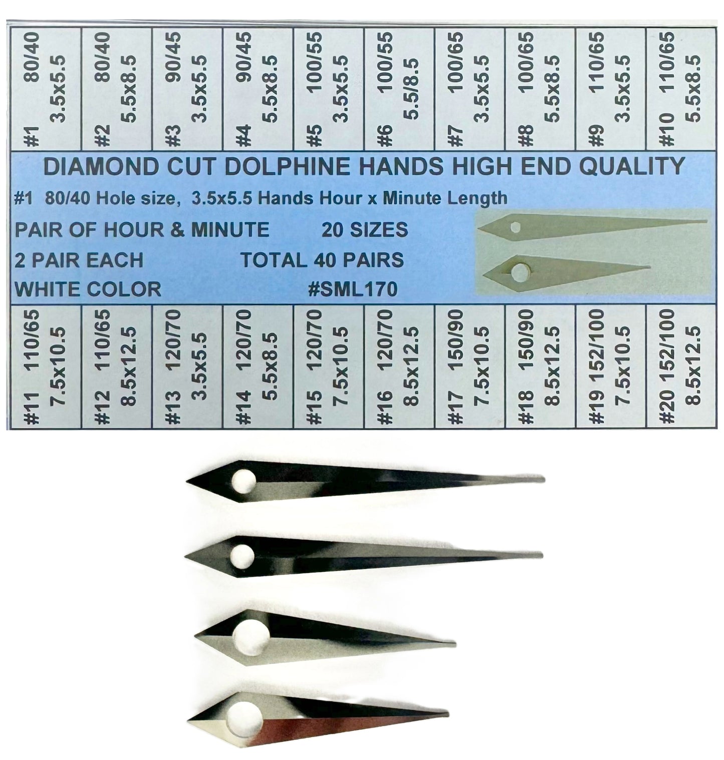 40 Pairs Assortment of Diamond Cut Dolphine Hands for High - end Watches - Universal Jewelers & Watch Tools Inc.