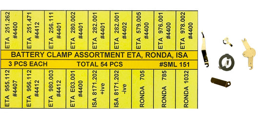 54 Pcs Battery Clamp Assortment for ETA, RONDA & ISA Movements - Universal Jewelers & Watch Tools Inc.