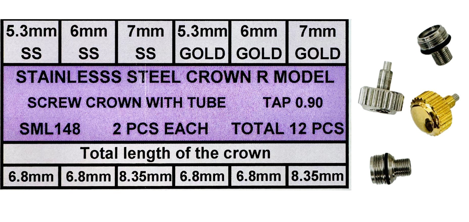 5.3mm - 7mm Waterproof Screw Crown Assortment for Rolex Models, 12 Pcs - Universal Jewelers & Watch Tools Inc.