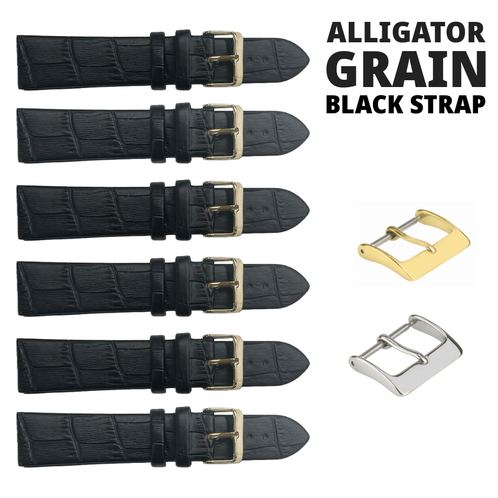 6PCS Black Leather Flat Unstitched Alligator Grain Watch Band Sizes 12MM - 24MM - Universal Jewelers & Watch Tools Inc.