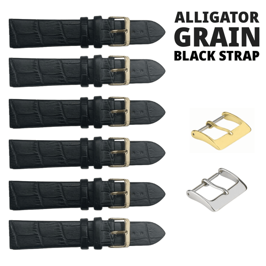 6PCS Black Leather Flat Unstitched Alligator Grain Watch Band Sizes 12MM - 24MM - Universal Jewelers & Watch Tools Inc.