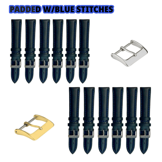 12PCS Black Leather Watch Band Sizes 8MM - 24MM Padded w/BLUE Stitches - Universal Jewelers & Watch Tools Inc.