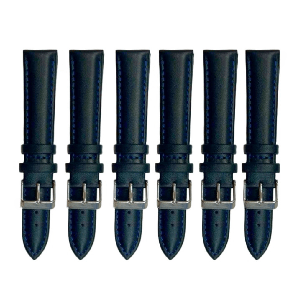 6PCS Black Leather Watch Band Sizes 8MM - 24MM Padded w/BLUE Stitches - Universal Jewelers & Watch Tools Inc.