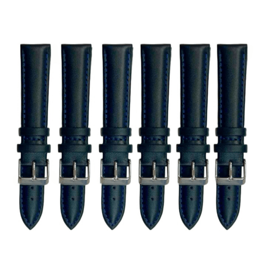 6PCS Black Leather Watch Band Sizes 8MM - 24MM Padded w/BLUE Stitches - Universal Jewelers & Watch Tools Inc.